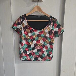 Multicolor Sequin Top Size Small Party Holiday Sparkle Blouse Sheer Back